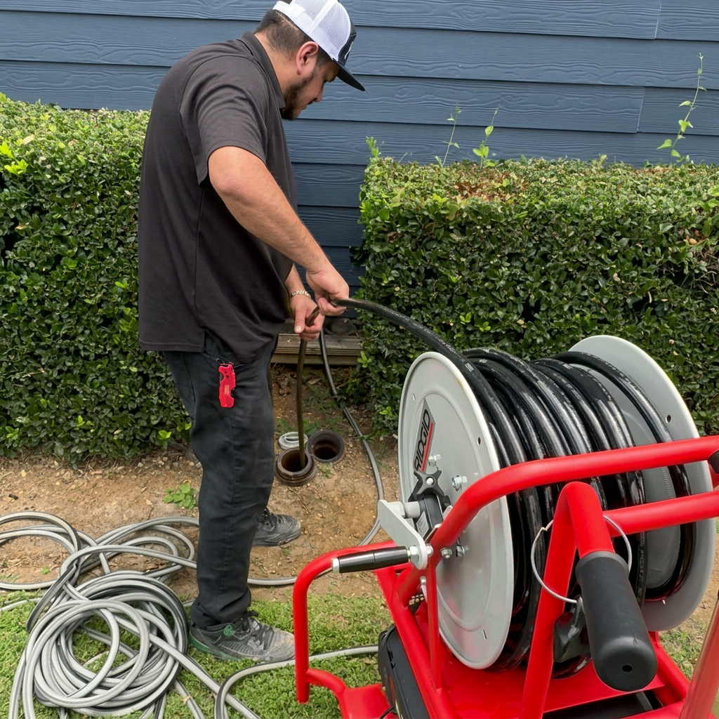 Hardline technician hydro jetting a commercial sewer line with professional drain-cleaning equipment in DFW